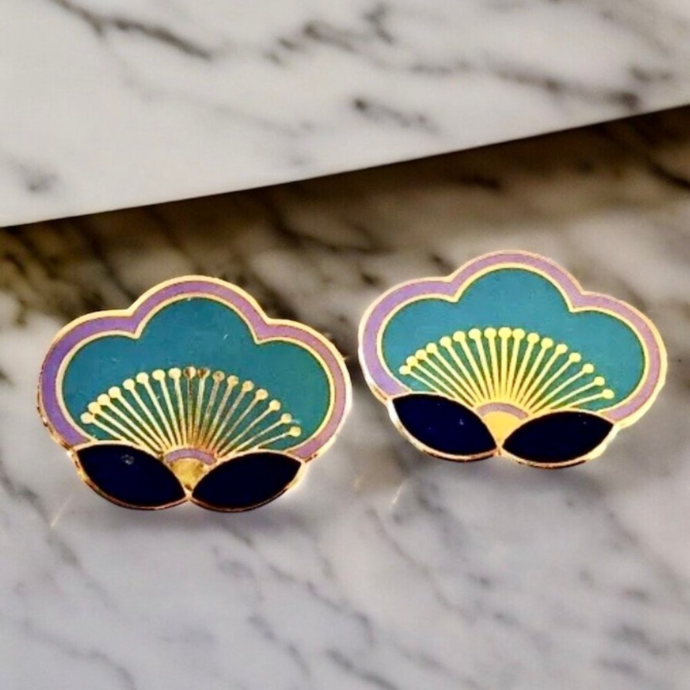 Laurel Burch Clip-On Enamel Earrings Plum Blossom Signed Vintage - Picture 8 of 12